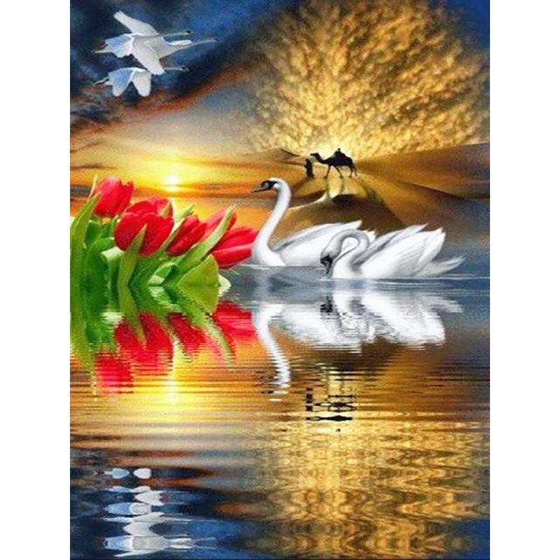 5D DIY Diamond Painting Dusk View Diamond Embroidery Swan Animal Cross Stitch Full Round Drill Manual Art Home Decor Gift