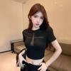 Black Sexy Hollow Cross Perspective Short-sleeved T-shirt Women's Summer Design Mesh Waist Slim-fitting Unique Top