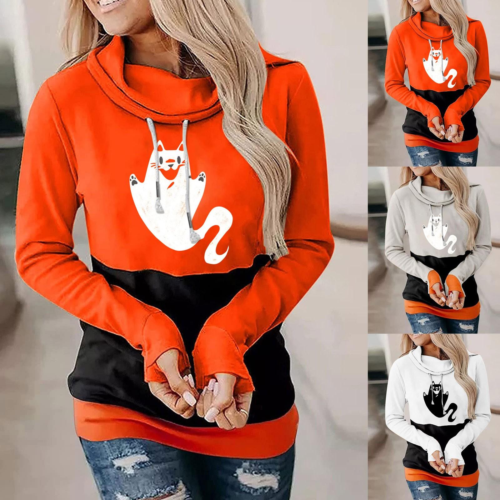 

Женская повседневная мода 2022 Хэллоуин Принт Длинный рукав O-neck Пуловер с капюшоном Топ