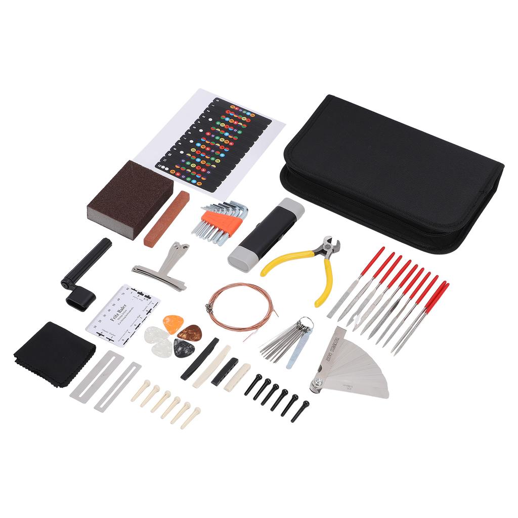 72 Pcs Guitar Repair Tool Kit with Strings Picks Storage Case String Guard Pen Bridge Pins Nut Files Hex Wrenches for