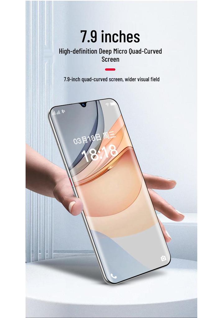 2026 7.9-inch Quad-Curved Screen Smartphone with AI Face Recognition, 256GB Storage, and 8-Core Processor.