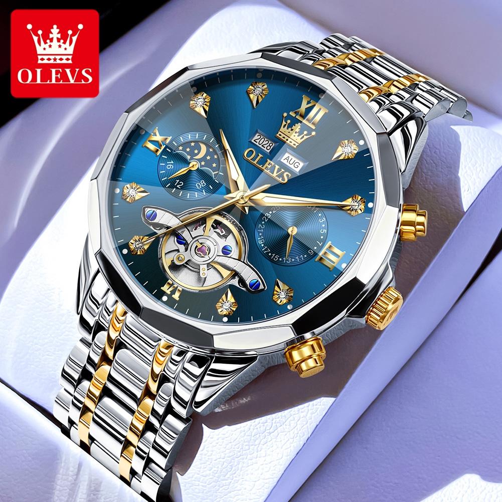 OLEVS 6621 Mens Skeletonized Flywheel Wristwatch Dual Calendar Moon Phase Waterproof Automatic Mechanical Luxury Watch Man