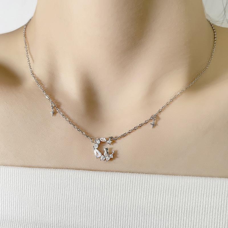 Sterling Silver Moon Cat Necklace: Cute Star and Moon Pendant for Women