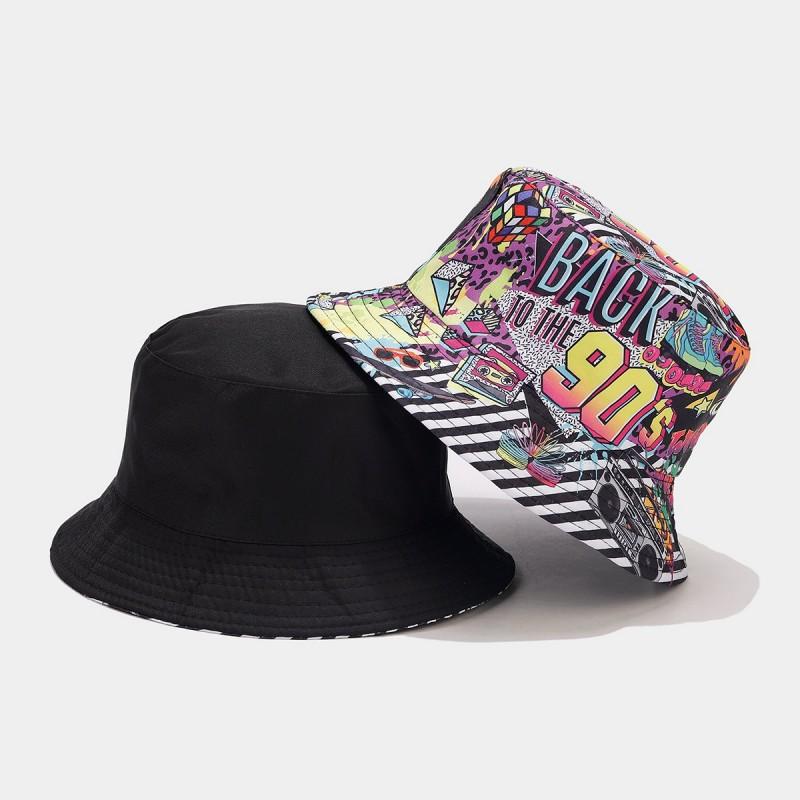 Europäischer und Amerikanischer Retro Klassiker 80er 90er Party Fischerhut Unisex Mode Graffiti Wendbarer Fischerhut