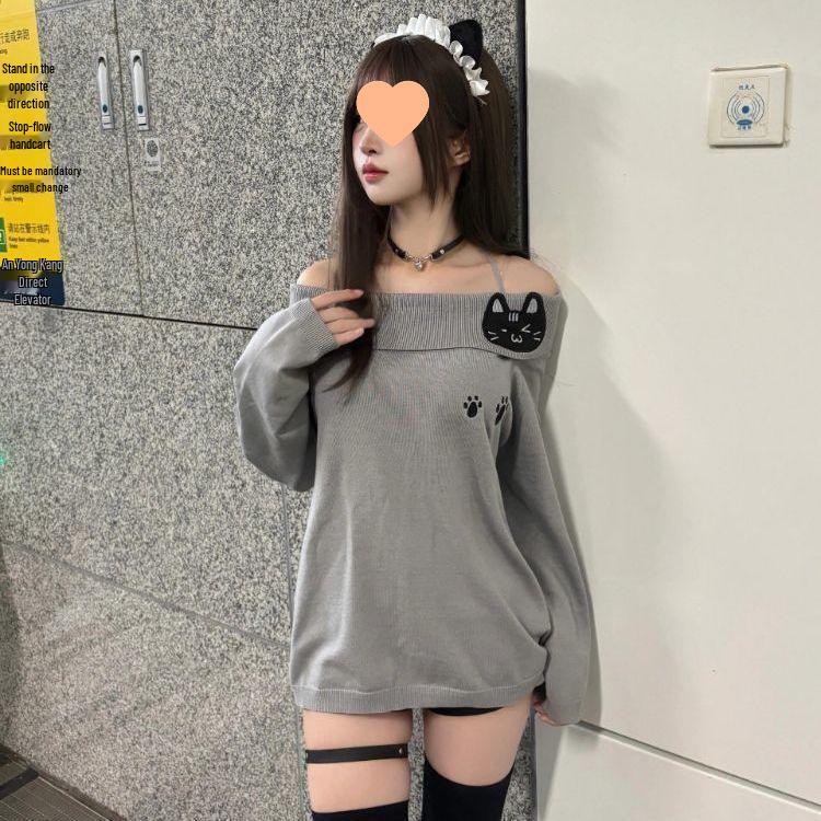 Korean Style Off-Shoulder Cat Design Thermal Fleece Slim Fit Women s Top Large