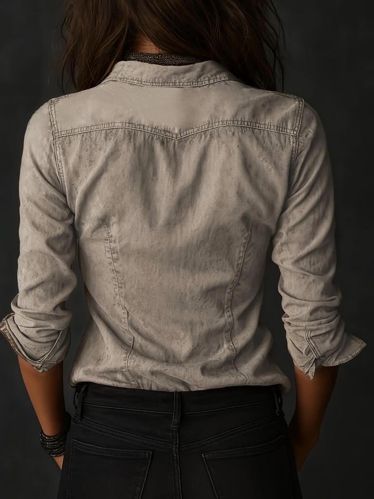 Camicia Retro a Manica Lunga Donna 2025 con Taschino e Design a Revers