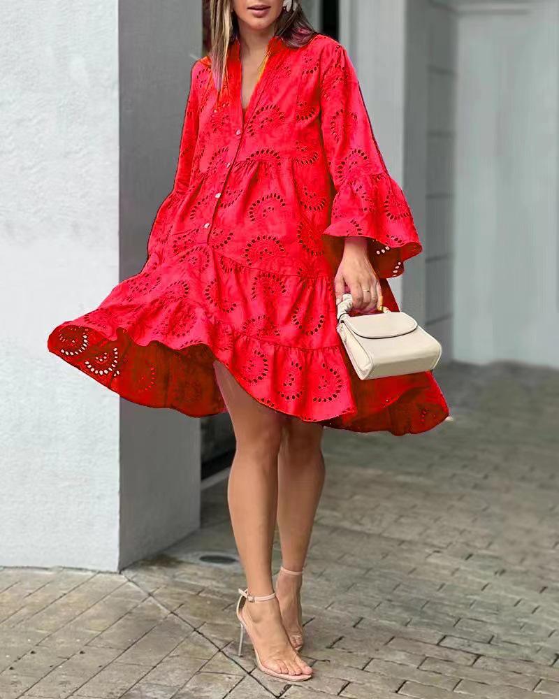 

2026 Spring/Summer V-Neck Loose Embroidered Lace Floral Dress L червоний