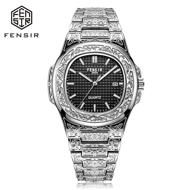 FENSIR Engraved Mesh Men's Retro Calendar Quartz Watch In European and American Style