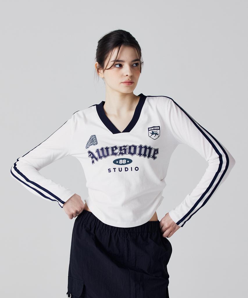 AWESOME STUDIO Blockcore V-Neck Shirred T-Shirt Navy