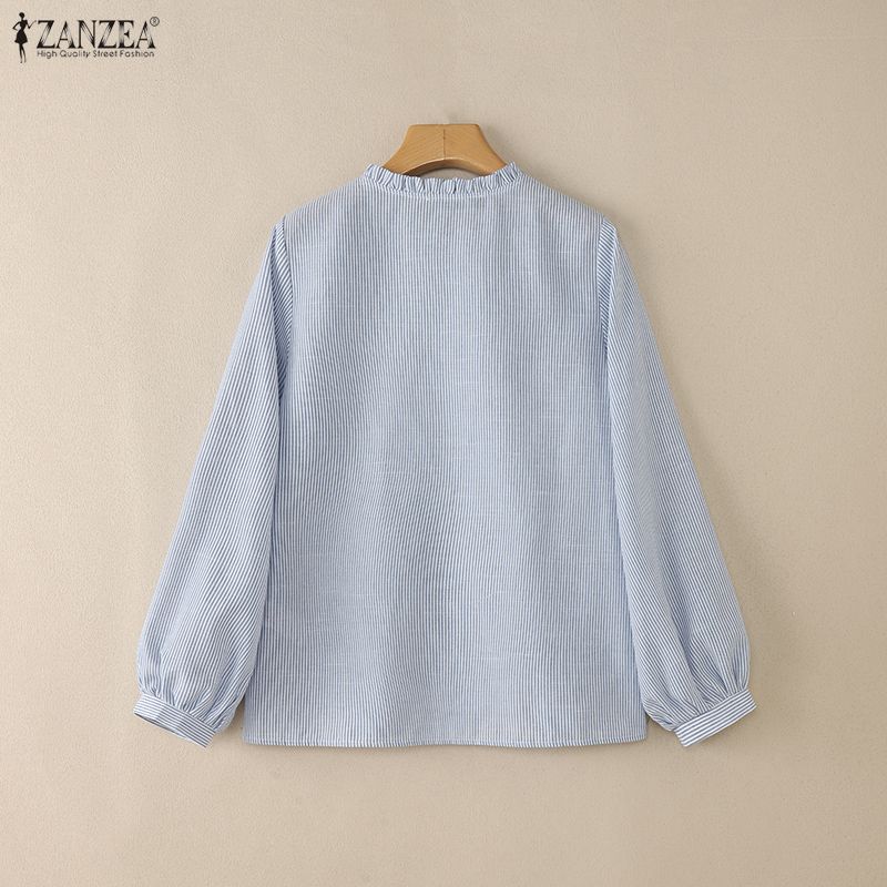 ZANZEA Women Round Neck Long Sleeve Casual Stripe Blouse