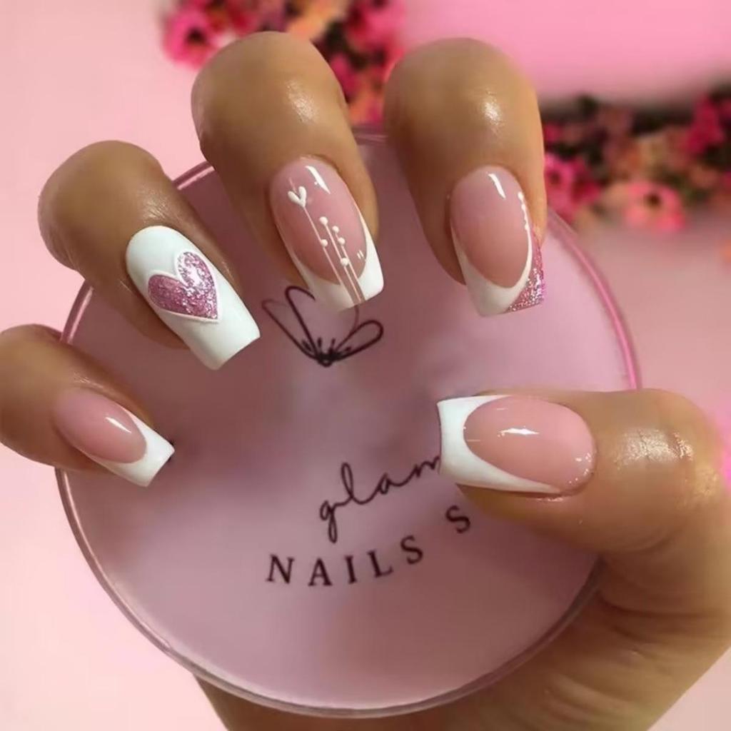 Valentine's Day French Press-On Nails: White Edge with Pink Heart Glitter - Stylish Cross-Border Nail Art
