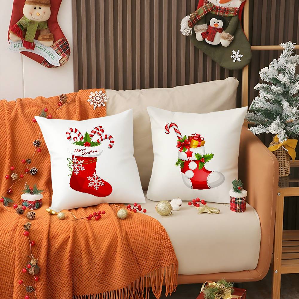 Red Socks Merry Chrismas Pillow Case Holiday Happy Atmosphere Short Plush Double-Sided Printing Home Cushion Cover