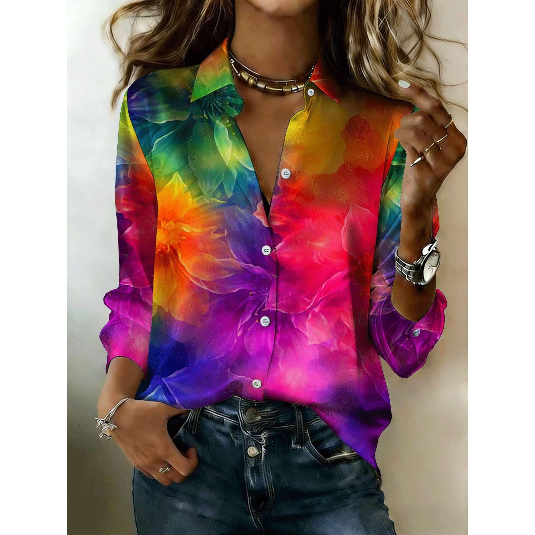 

A lady s rainbow-print multi-color top with long sleeves and a collar, suitable for both casual and formal wear, a must-have item for all seasons. S