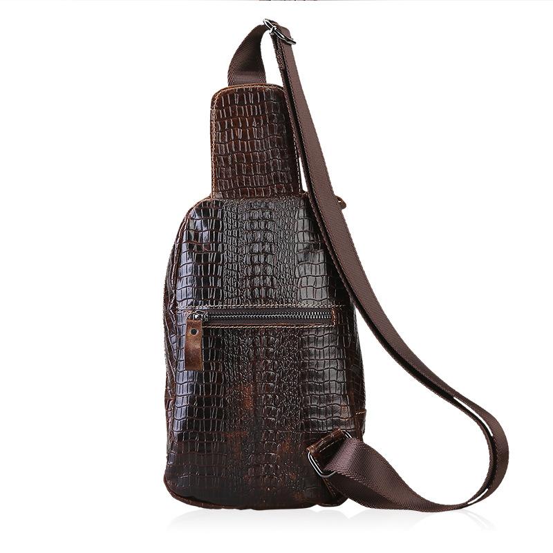 Men's Leather Layered Cowhide Crocodile Patterned Chest Bag, Men's Leather Oilskin Casual Small Crossbody Waist Bag