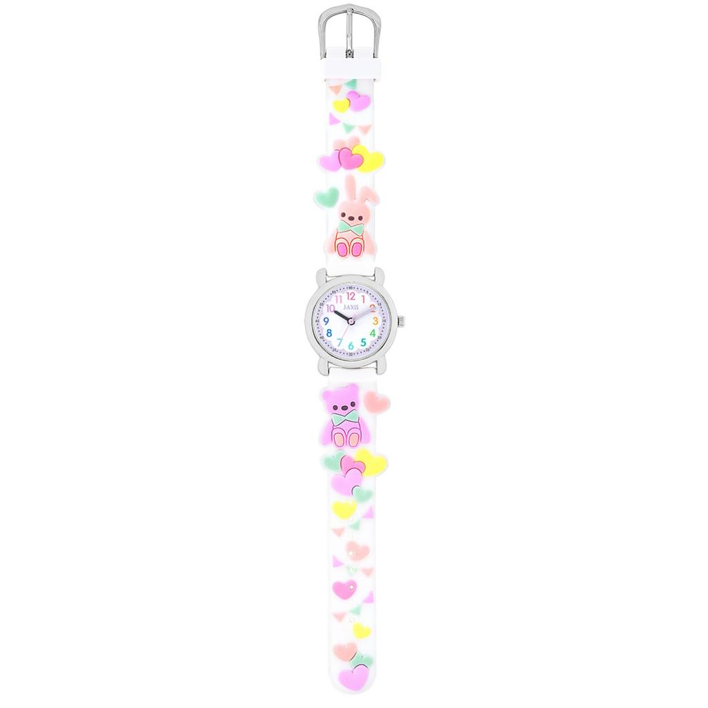 J-AXIS Girls' Rabbit Bear Heart Watch, Colorful School Series, Model TCL80, White, 3D Strap Educational Design