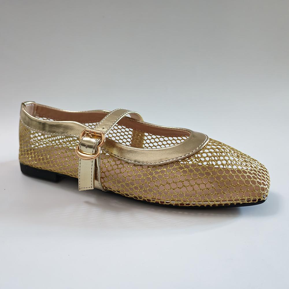 Gold Mesh Hollow Out Shoes Women Mary Jane Flats Lightweight Spring Summer Dress Party Shoes Elegant Office Lady Plus Size 43