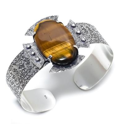 Natural Tiger Eye Handmade 925 Sterling Silver Cuff Bracelet Adjustable g5M76