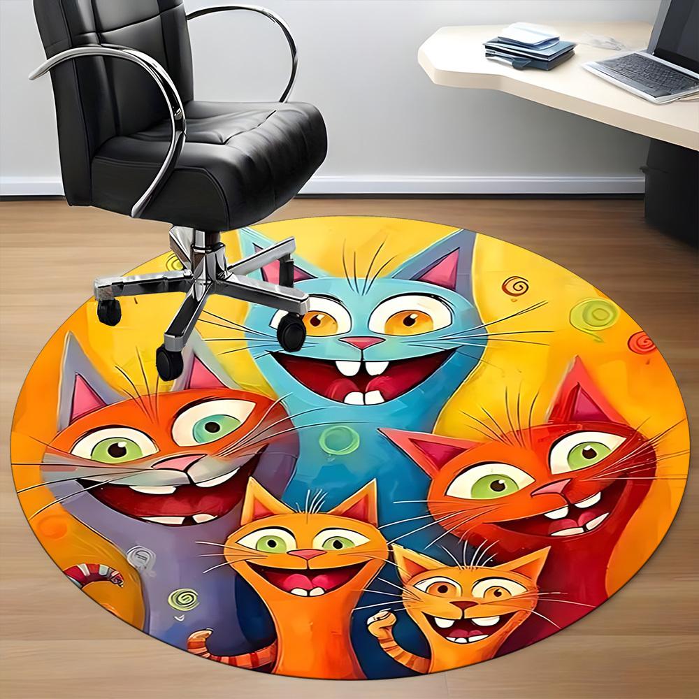 1PC Cat Family Office Round Area Rug, Mat Suitable ForOffice, Under Office Chairs Bedroom Living Room Home Decor, Room Deco
