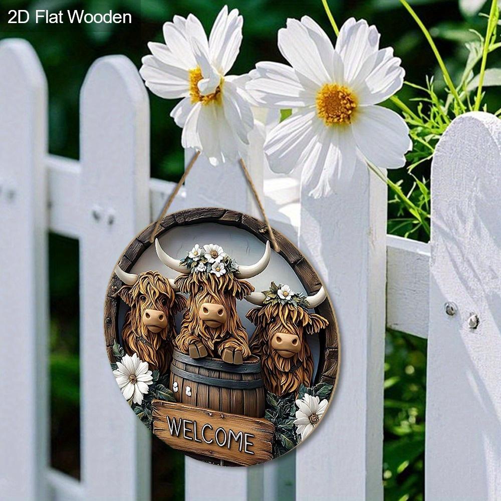 Retro Wooden Welcome Sign with Highland Cattle Design - Rustic Decorative Plaque for Farmhouse, Front Door, Herd Decorations
