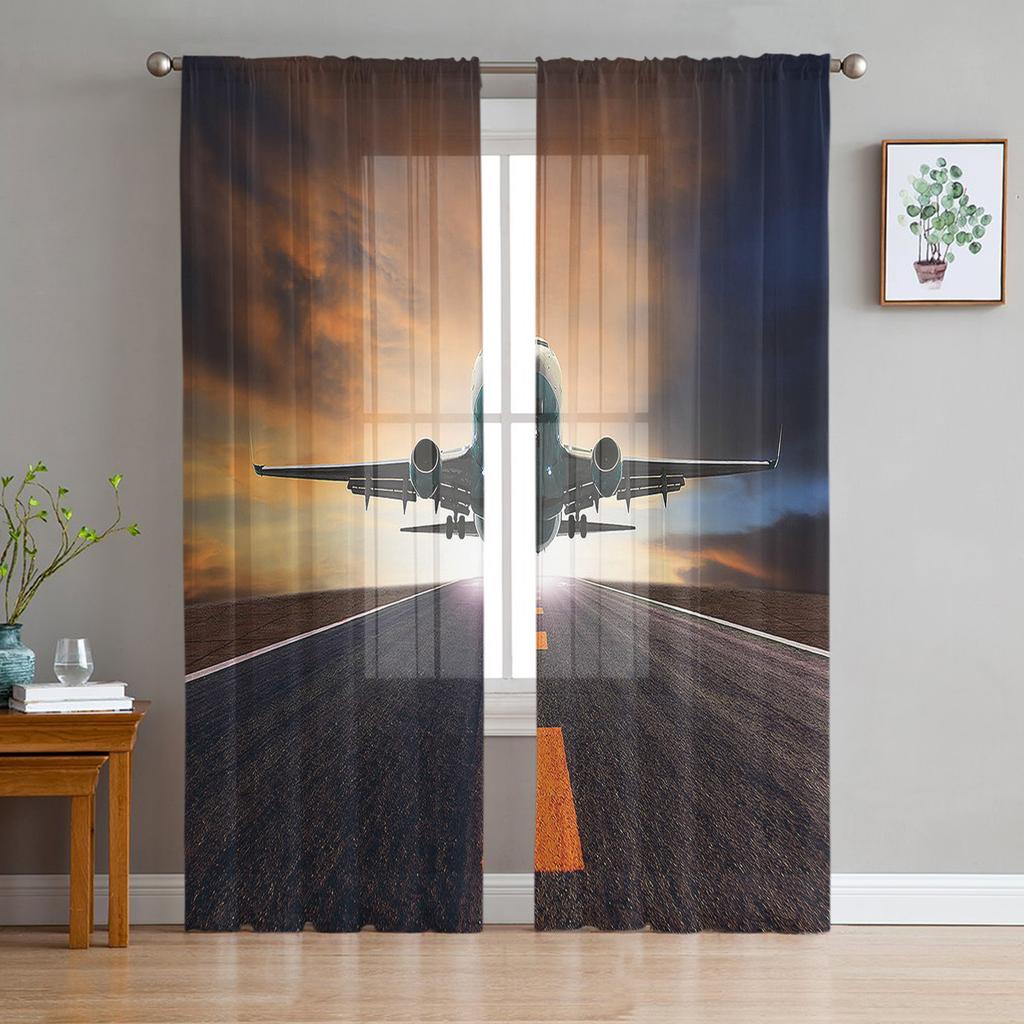 Flugzeug Sonnenuntergang Moderne Vorhänge für Wohnzimmer Transparente Tüllvorhänge Fensterschleier für das Schlafzimmer Zubehör Dekor