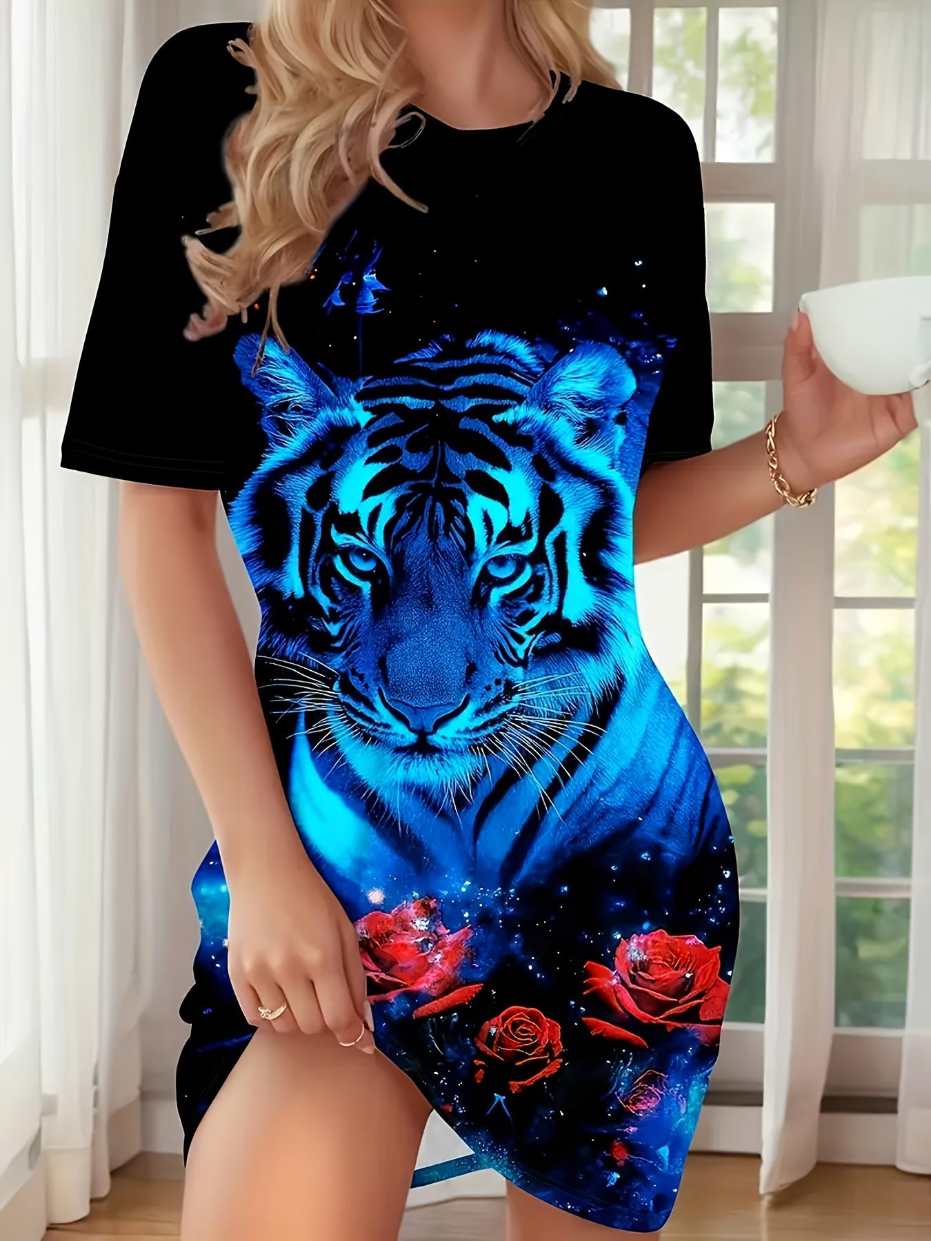 

Женская элегантная пижама с принтом розы и тигровыми полосками - Сине-черное платье с круглым вырезом. Удобно для всех сезонов. Пижама, которую можно стирать в машине. Высококлассный домашний D 6XL дубильная кора