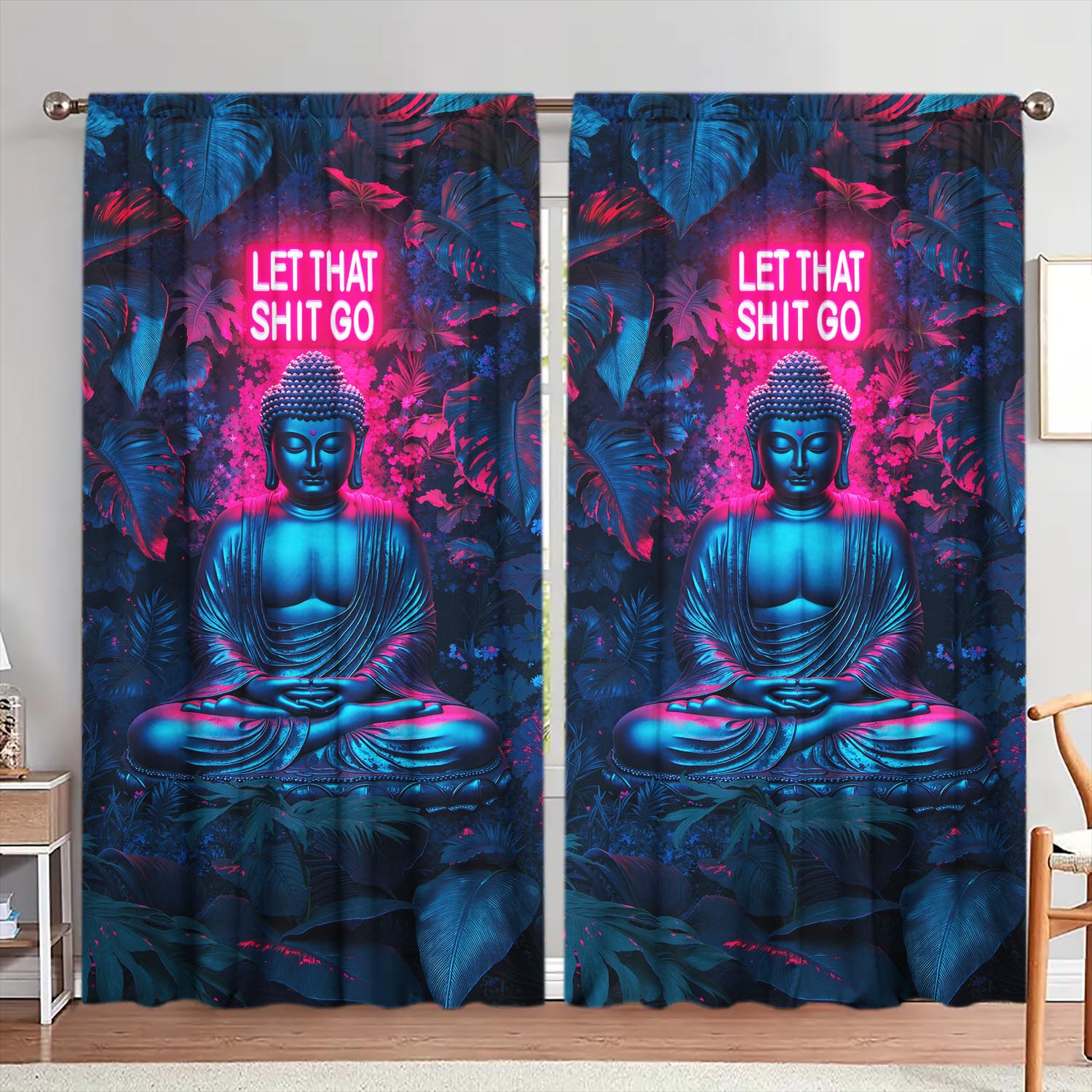 

Set Of 2 Tantric Buddha Statue Curtains Distinctive Shade Privacy Protection Suitable Decorating Various Rooms Curtain Made Polyester W100*H70(CM)-Grommet top&1PCS
