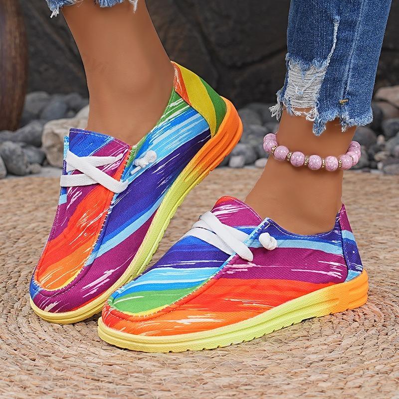Mode 2025 Damen Graffiti Regenbogen Canvas Schuhe Herbst Neu Lässig Täglich Damen Flacher Schuh Runde Zehe Mehrfarbig Bedruckt Schnür-Sneakers