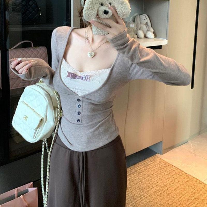 

Fake Two Pieces Lace Spliced Pullovers Autumn Stylish Patchwork Female Clothing Square Collar Button Slim Long Sleeve T-shirts S