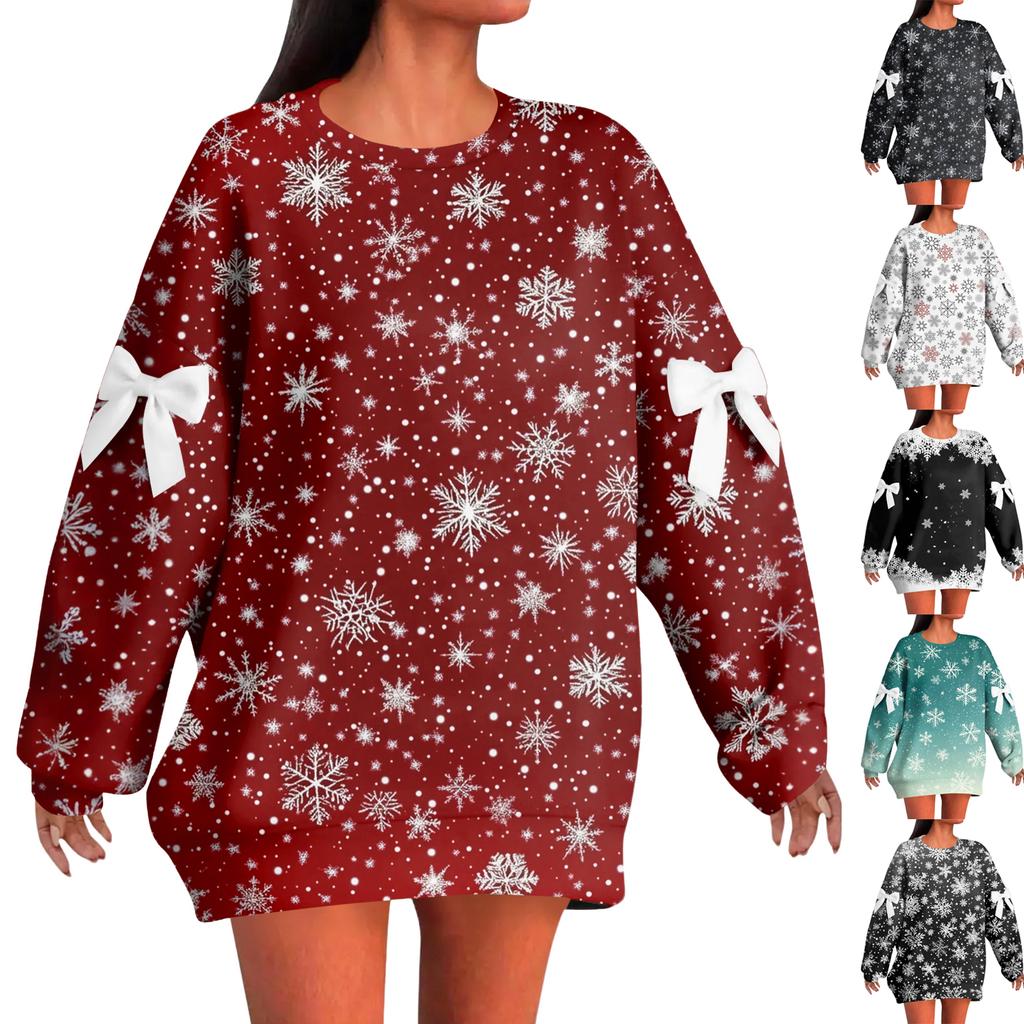 Ladies' Christmas Printed Bow Round Neck Long Sleeved Loose Pullover Sweater Sweatshirt Top