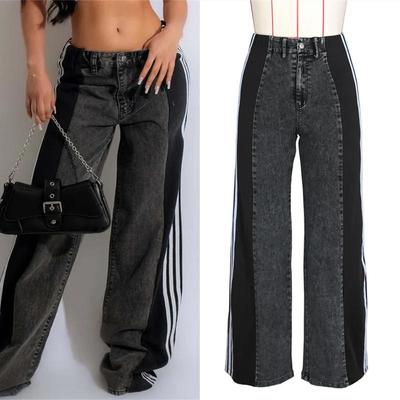 Jeans a righe alla moda con cuciture, pantaloni larghi in denim, pantaloni a vita alta con bottoni, pantaloni dritti casual da donna