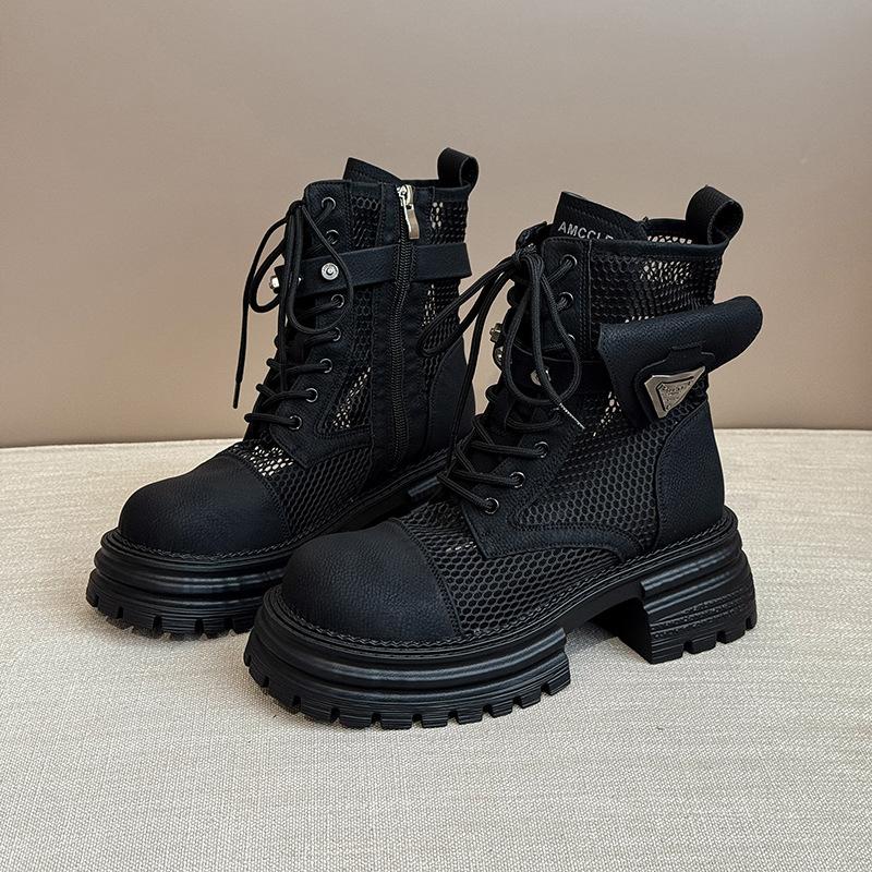 Thick-soled Lace-up Mesh Martin Boots 2025 Summer New Fashionable Versatile Comfortable Hollow Breathable Muffin Bottom Cool Boots