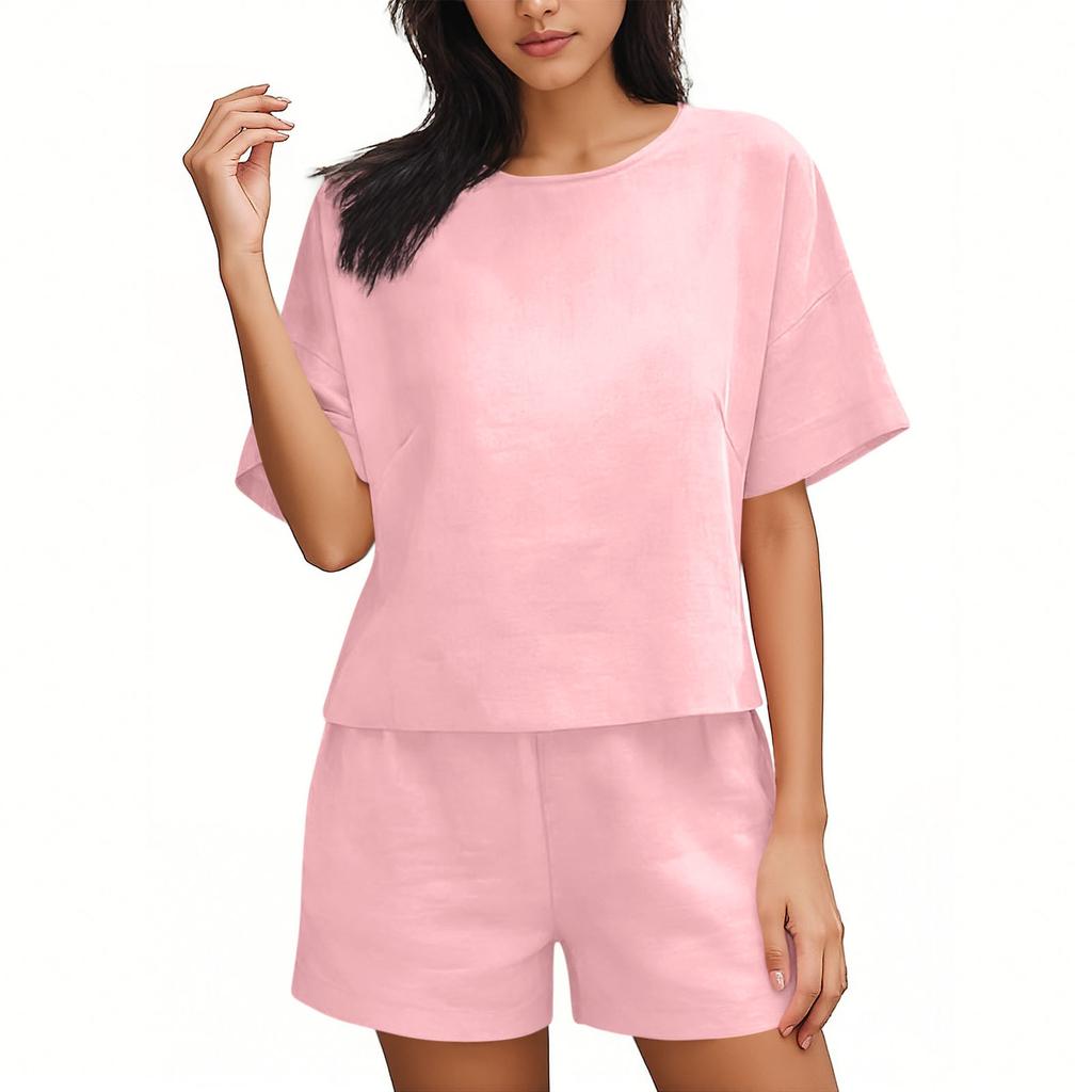 Fashionable Women's Color Casual Round Neck Loose Summer Shorts Top Set