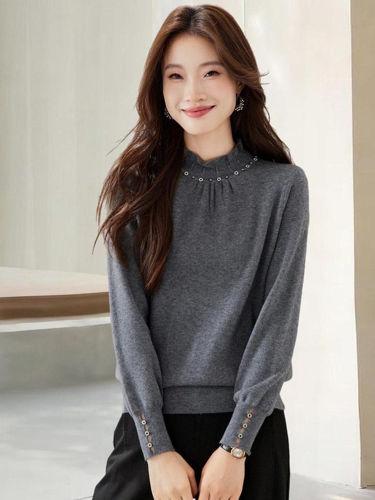 Chic Beaded Ruffled High Neck Knitwear Top for Women - Slimming & Versatile, Perfect for Early Autumn