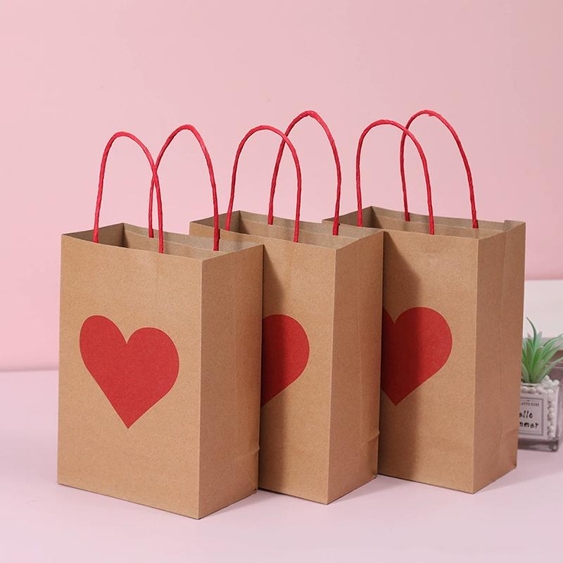 10PCS Heart Patterns Kraft Paper Bag with Handle Valentine's Day Gift Packaging Tote Romantic Bags Party Wedding Accessories ZYF