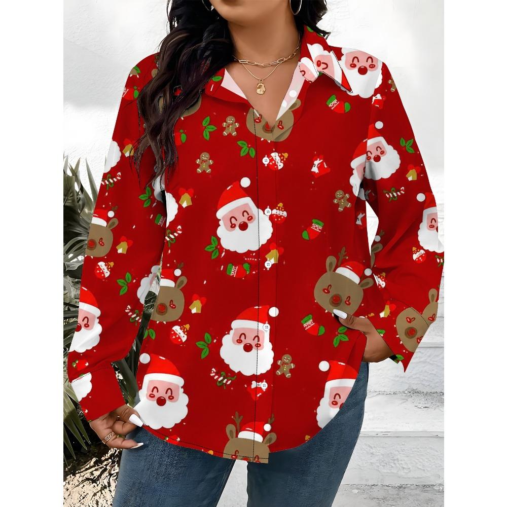 Large Size Women's Long Sleeve Shirt Christmas Style Pattern Loose Printed Shirt Santa Elements