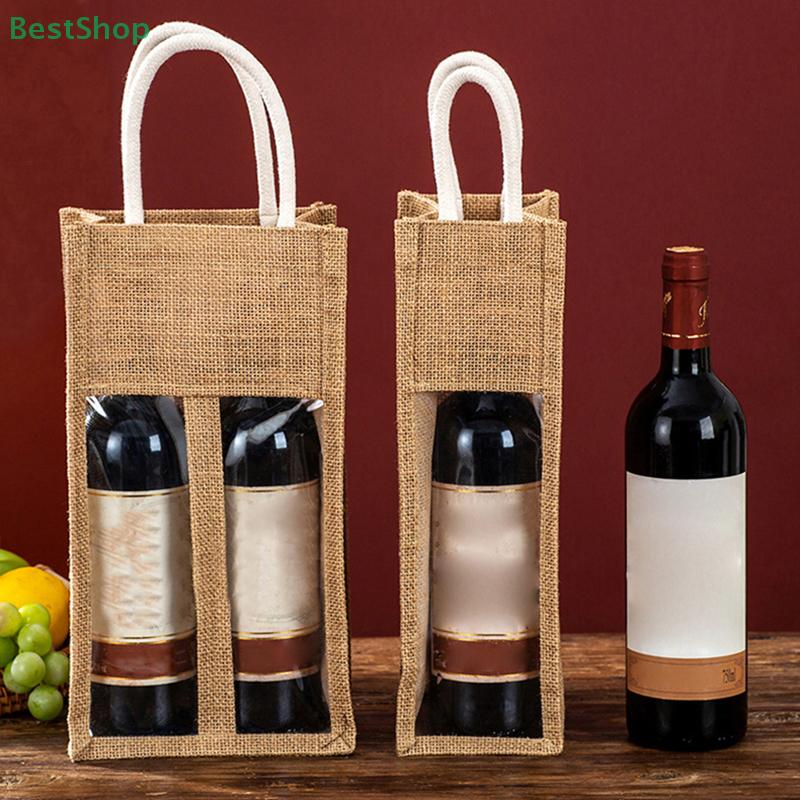 Windowed Burlap Red Wine Gift Bag Linen Tote Single Double Bottle Champagne Package Bags Wedding Favors For Guests