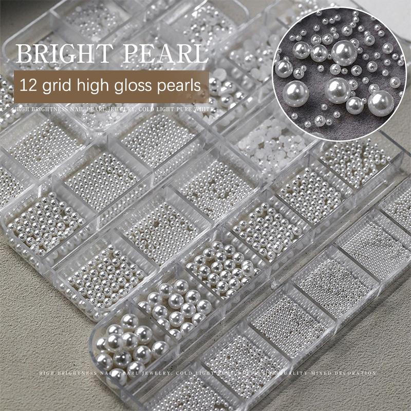 6/12 Grids Pearl Nail Art Decorations White Half Round Flat Bottom Full Circle Mixed Size Nail Art Diy Accessories