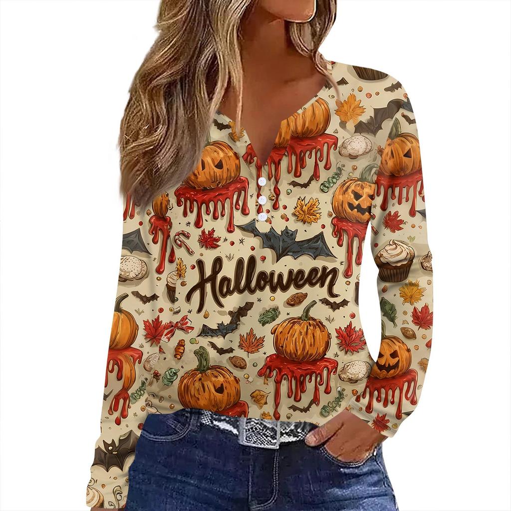 Dámské tričko s potiskem Halloweenu, knoflíky, dlouhý rukáv, denní, víkendová móda, základní, výstřih do V, běžný top