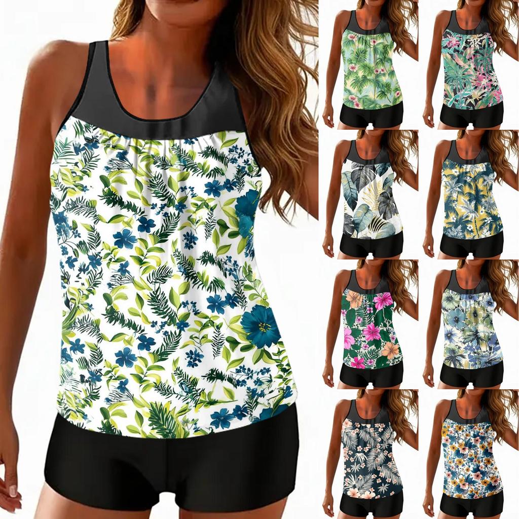 Women’s Tankini Swimsuit Two Piece Set with Floral Print Sleeveless Top and Boyshorts Swimwear for Pool Beach