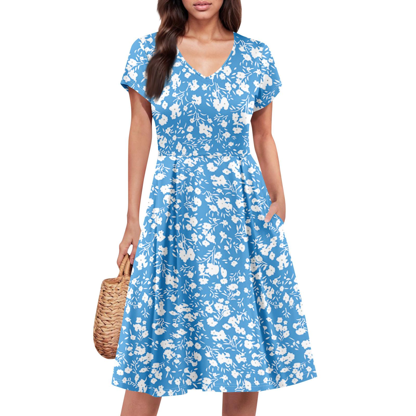 

Женское летнее платье с коротким рукавом, V-образным вырезом, короткое, модное, повседневное, летящее, А-силуэта, платье-сарафан с карманом M