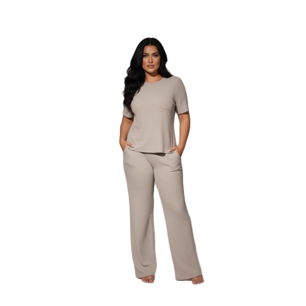 Women 2 Piece Casual Set Short Sleeve Long Pants Textured Waffle Set For Women