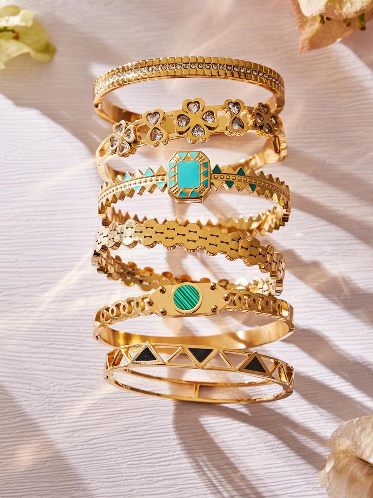 European and American Style Geometric Enamel Buckle and Zircon Flower Stainless Steel Bracelet Set