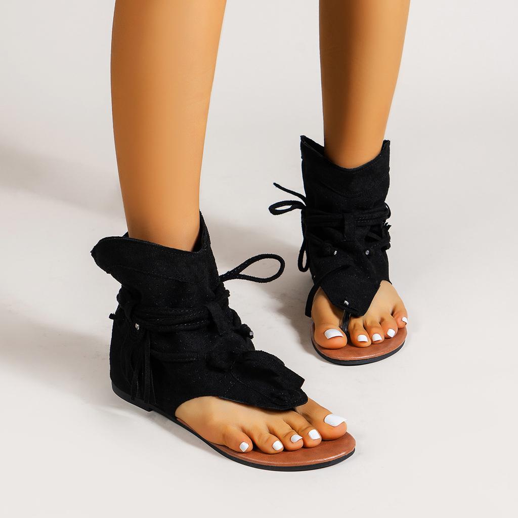 Damensandalen Retro Gladiator Damen Zehensteg Vintage Stiefel Lässig Quaste Rom Mode Sommer Damenschuhe für Damen Neu