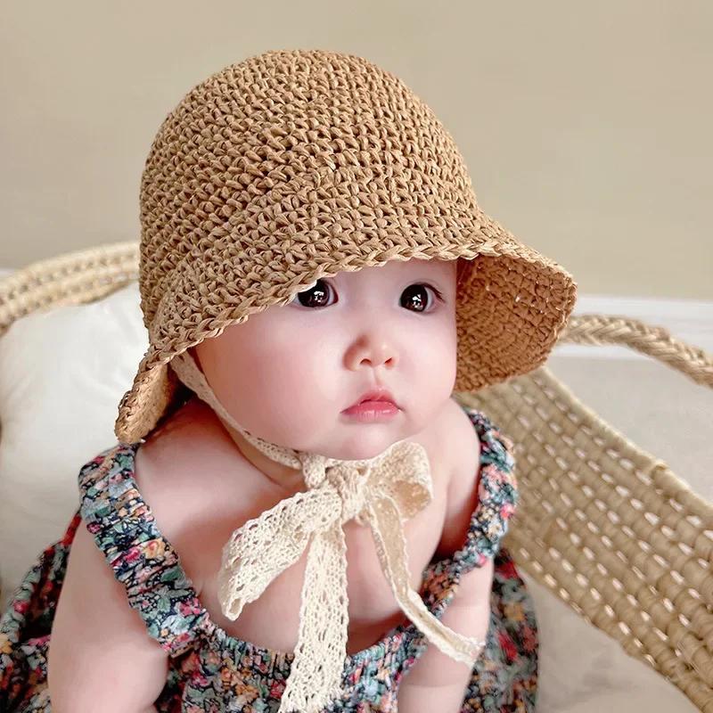 Summer Beach Sun Protection Cap for Kids Women's Straw Woven Fisherman Cap Ins Korean Style Baby Sunshade Pot Cap for 1-3 Years