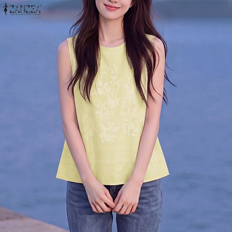ZANZEA Women Print Casual Round Neck Loose Sleeveless Tank Tops