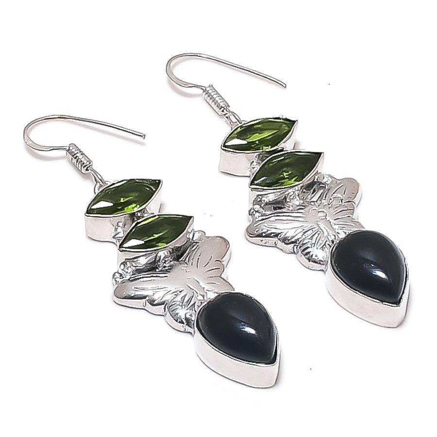 

Natural Black Onyx, Peridot Gemstone 925 Sterling Silver Earring 2.36 e7y37