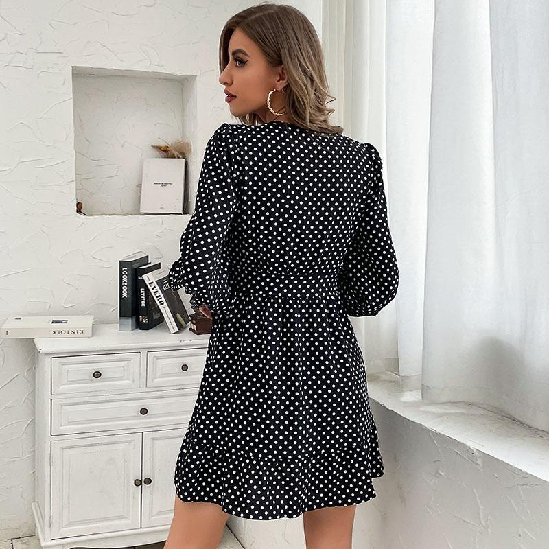 Women's Fashion Spring Fall Polka Dot Print Long Sleeve V-Neck High Waist Casual Dresses