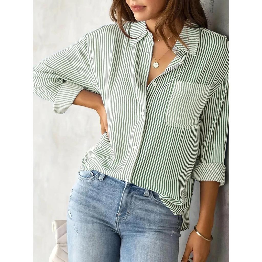 Cardigan a Righe Stampato, Camicia Moda Casual, Camicia da Donna a Righe Morbida, Camicia da Lavoro, Camicia Casual a Maniche Lunghe