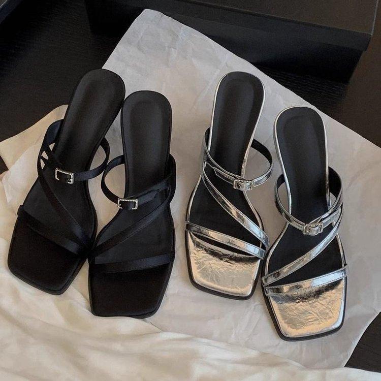 Grape Mother Summer New Temperament Square Head Open Toe Thin Belt French Word Belt High Heels Versatile Sandals Women's Summer