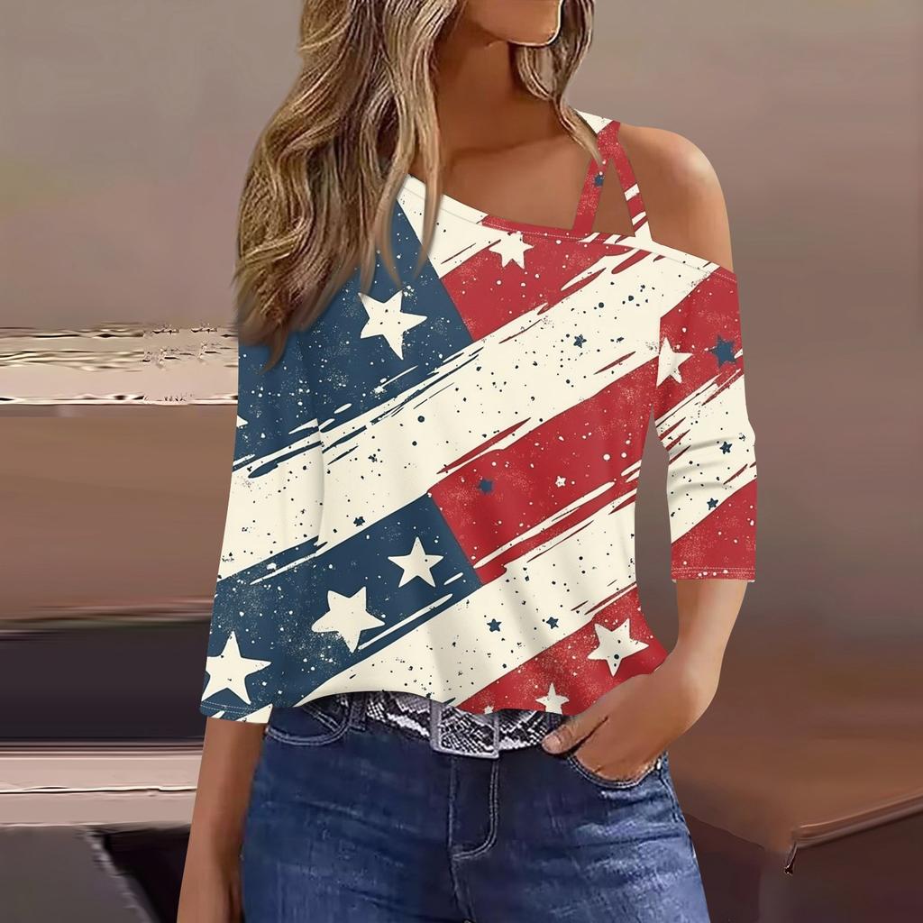 Women's Fashion Casual Independence Day Print Sexy Cold Shoulder 3/4 Sleeve T-shirt Top